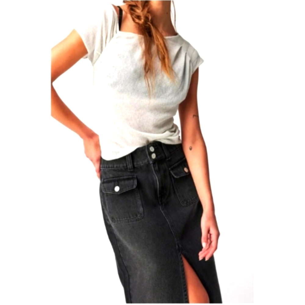 Free People Madison Black Denim Midi Skirt - Picture 2 of 9